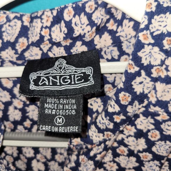 Floral Print Angie Dress Medium 100% Rayon Navy & Cream - Picture 4 of 9